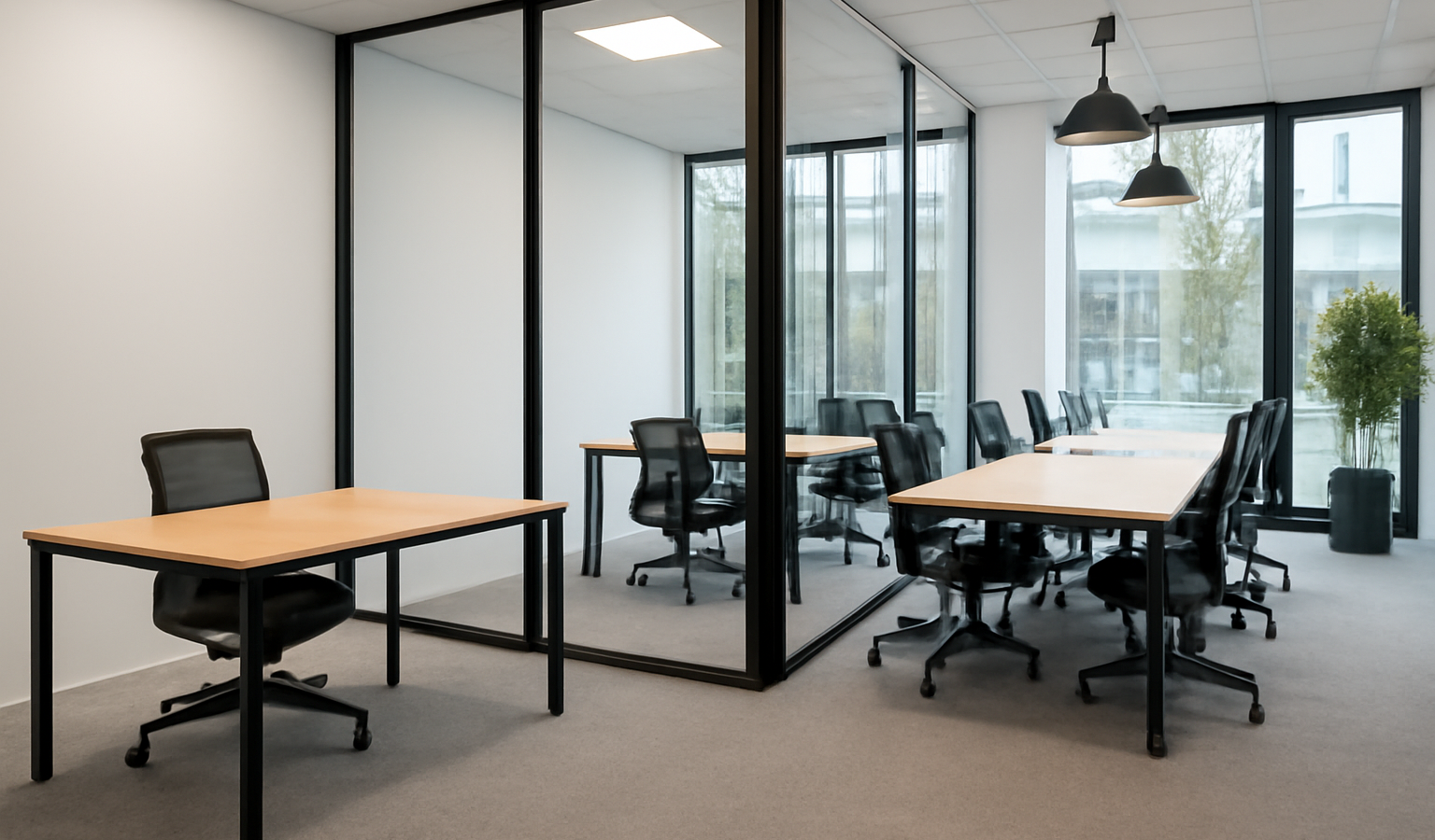 bureau vide à côté d'un espace de coworking
