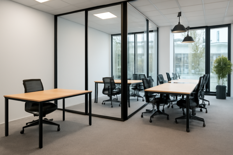 bureau vide à côté d'un espace de coworking