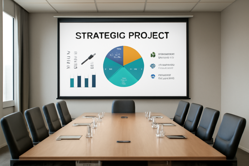 salle de conférence avec présentation stratégique projetée
