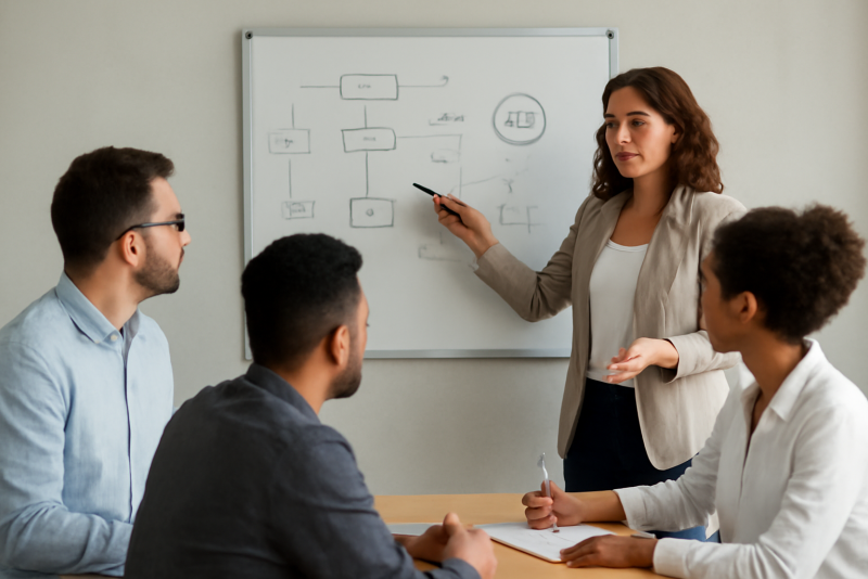 équipe en réunion autour d'un tableau blanc