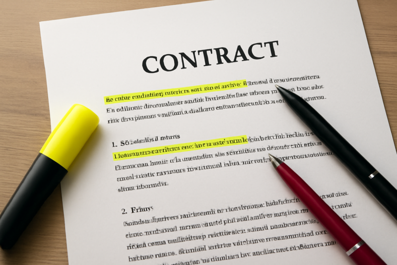 contrat annoté avec surligneur et stylos