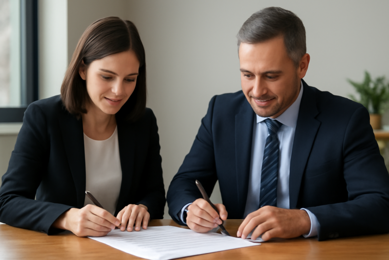 deux partenaires signant un accord sur table