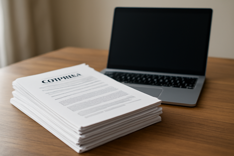 pile de contrats et ordinateur ouvert
