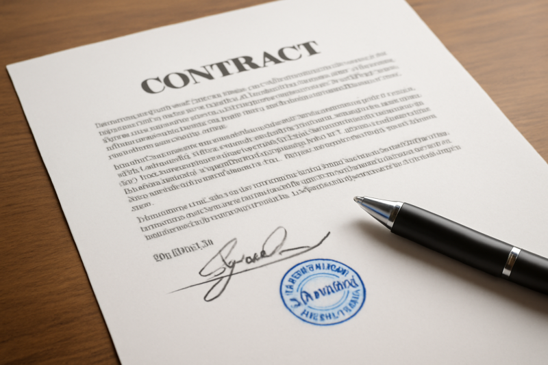contrat avec signature et tampon sur table