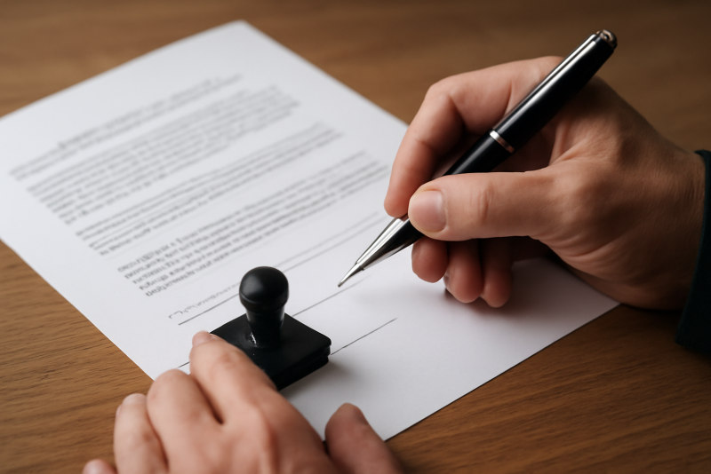 mains signant document avec tampon