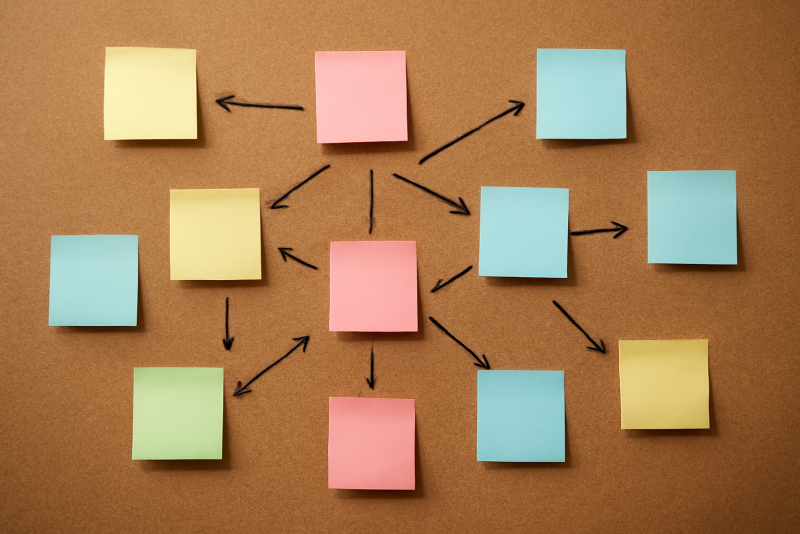 tableau avec post-it et flèches stratégiques