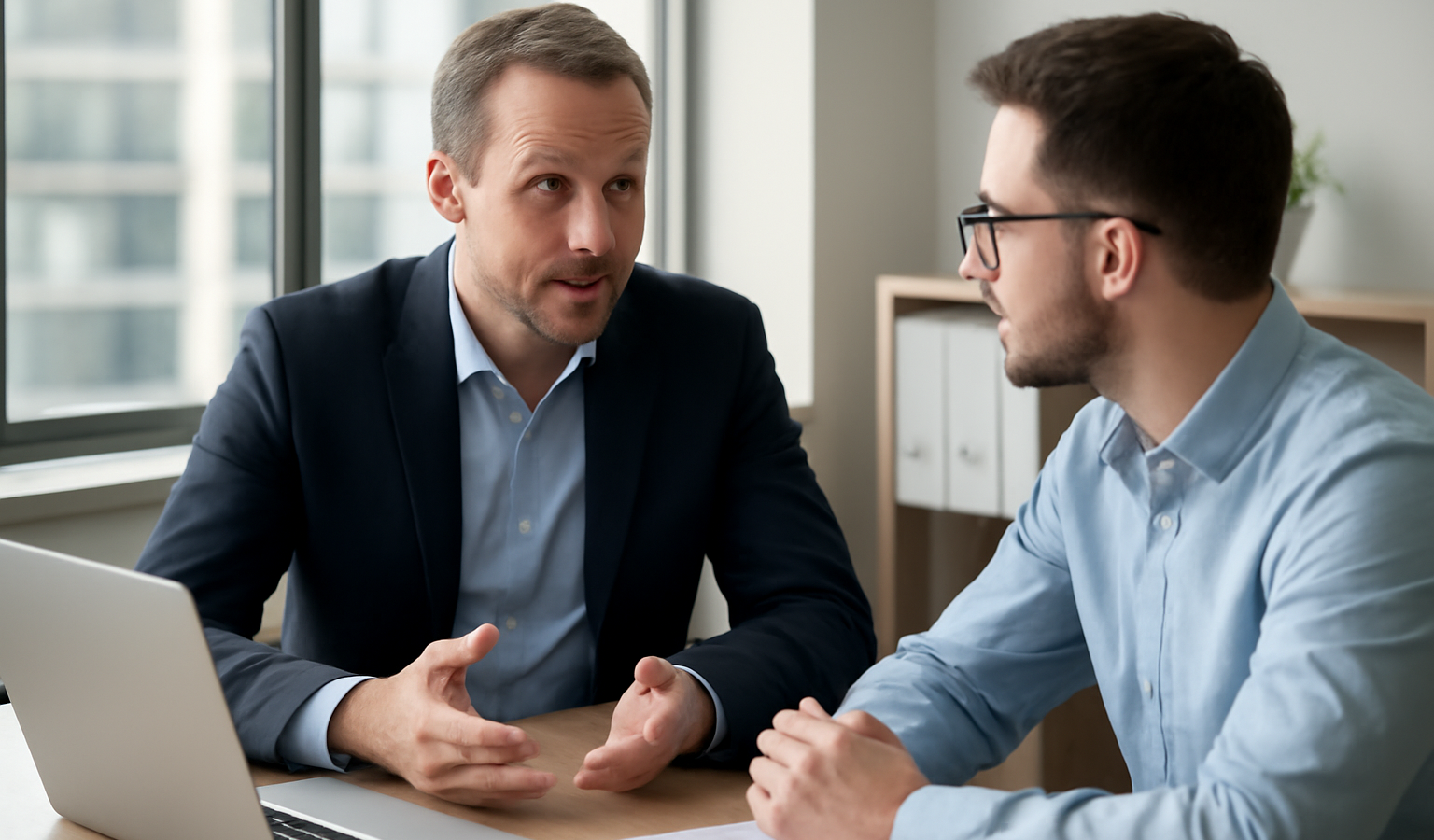 manager discutant avec collaborateur dans bureau