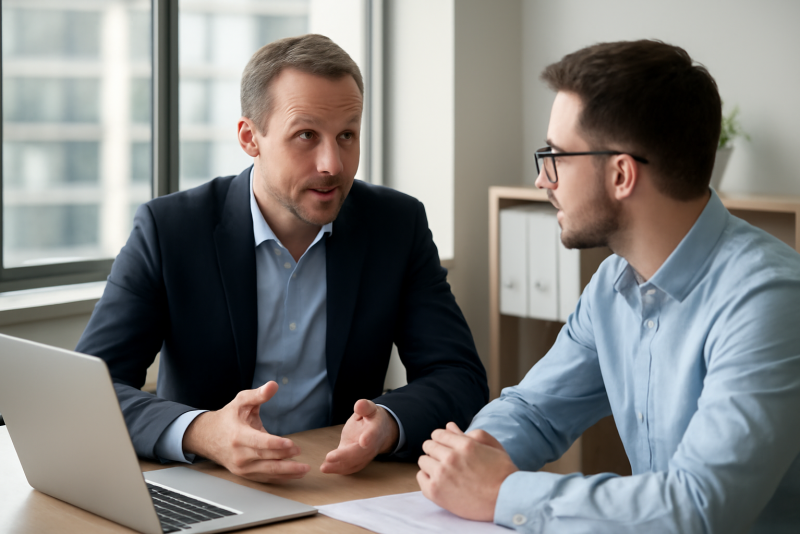 manager discutant avec collaborateur dans bureau