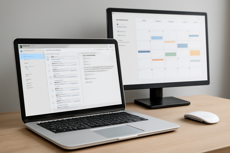 ordinateurs montrant interfaces de messagerie et calendrier