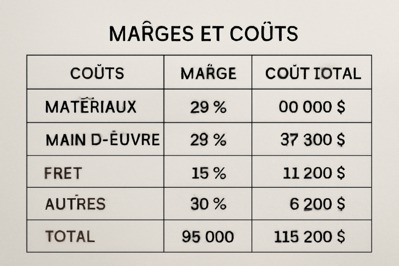 tableau comparatif marges et coûts