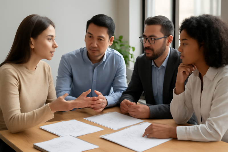 personnes autour d'une table discutant projet