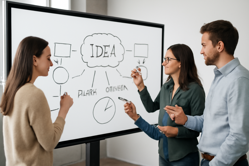 équipe dessinant sur un grand écran de brainstorming