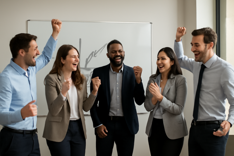 equipe commerciale felicitee autour d'un tableau