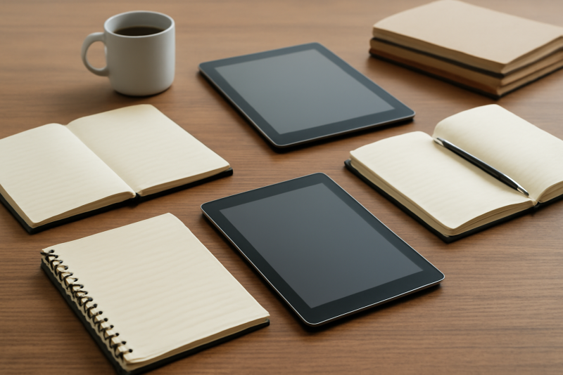 bureau avec tablettes et carnets de notes ouverts