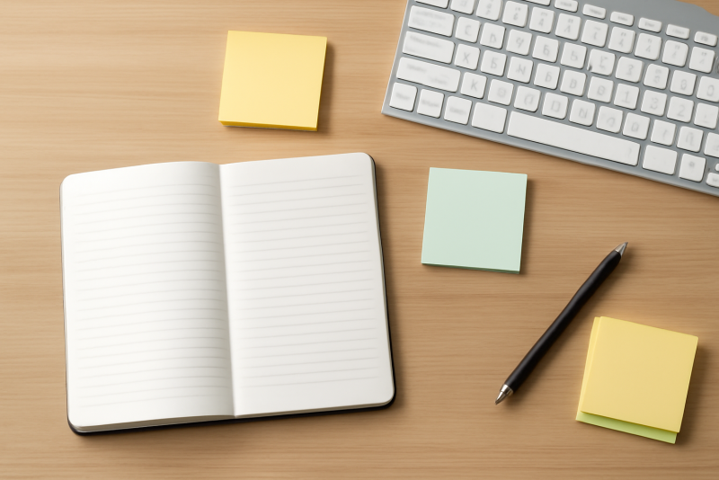 bureau avec notes organisees et cahier