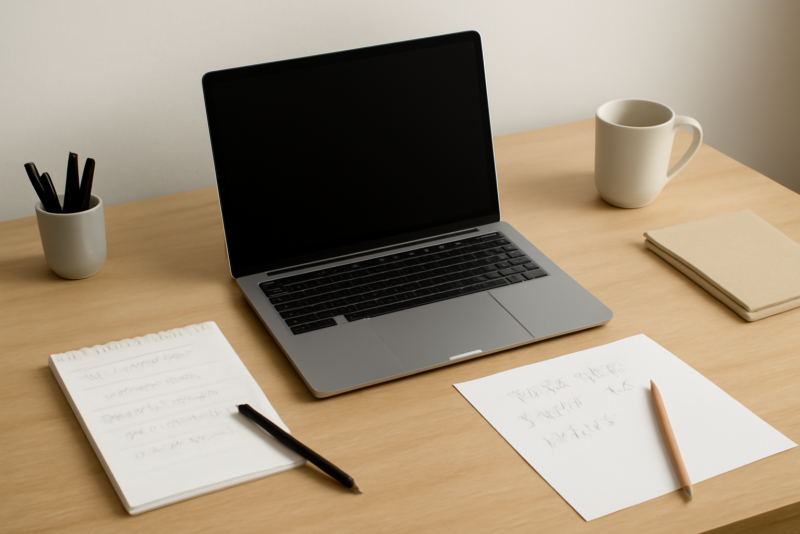 bureau minimaliste avec notes et calculs