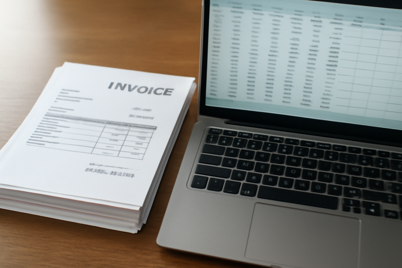 pile de factures et ordinateur avec tableur