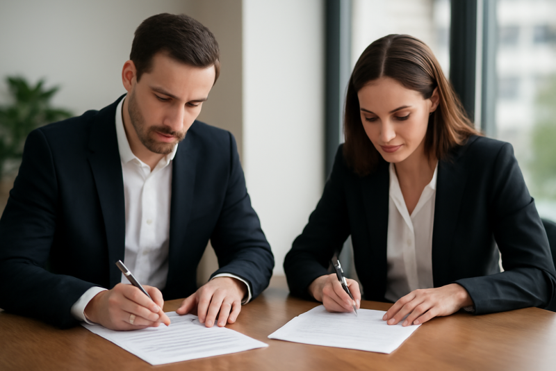 deux associes signant des documents autour d'une table