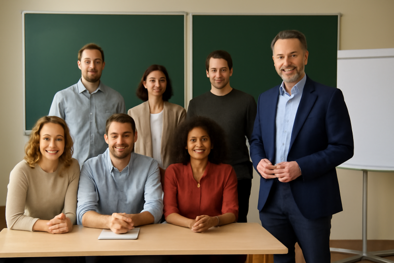 groupe en formation avec formateur et tableaux