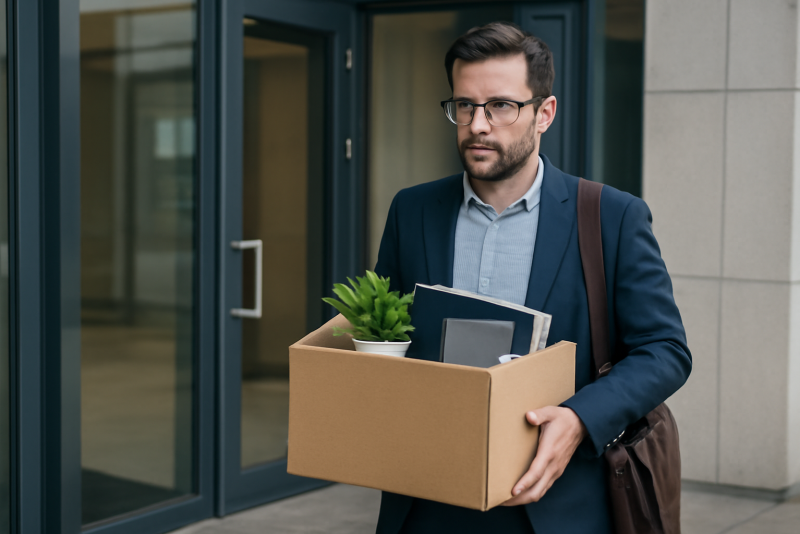 collaborateur quittant bureau avec carton