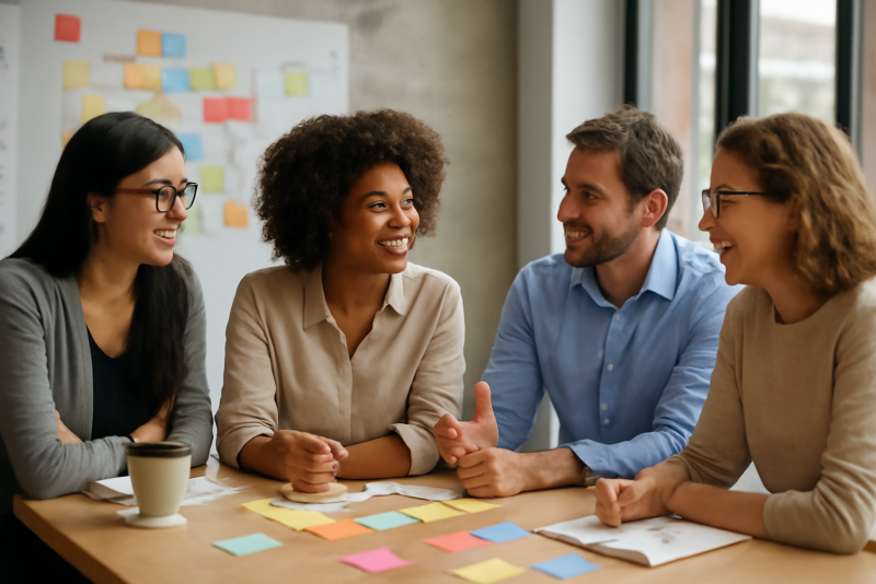 employés échangeant lors d'un atelier de co-création