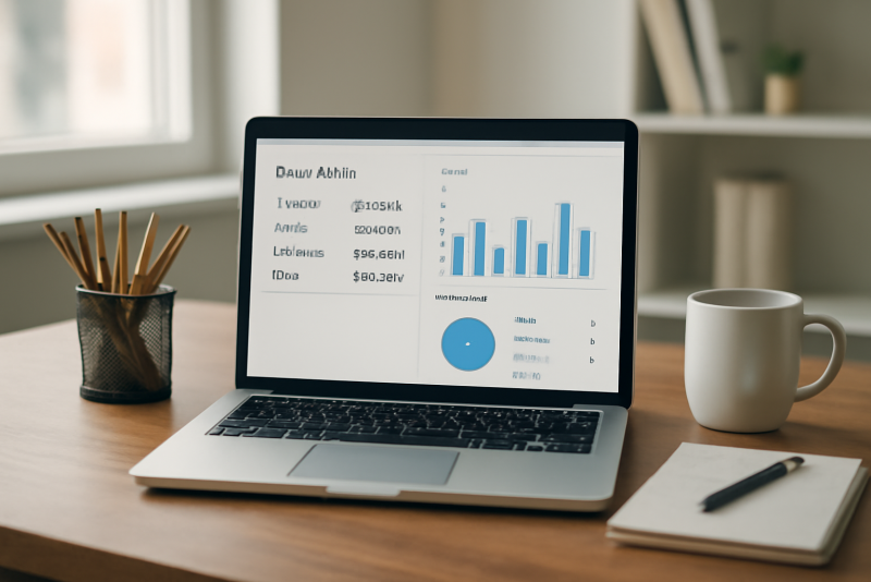 bureau avec ordinateur affichant comptes
