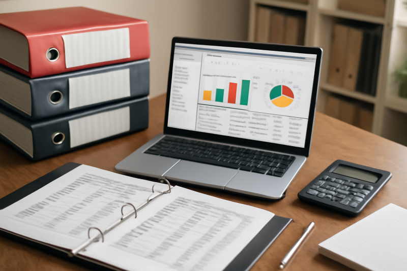 bureau avec registres et logiciel comptable