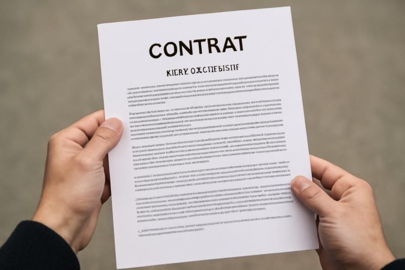 main présentant un contrat avec mentions légales