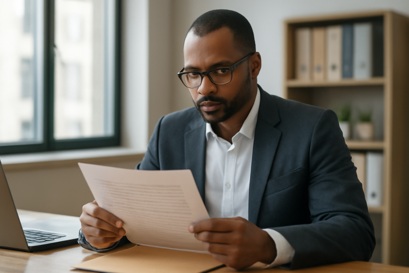 entrepreneur consultant examinant dossier marque