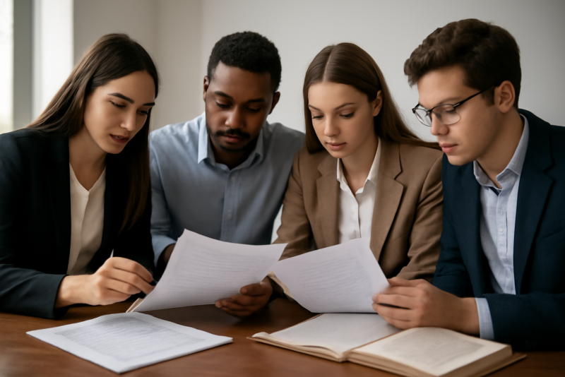jeune équipe étudiant documents juridiques