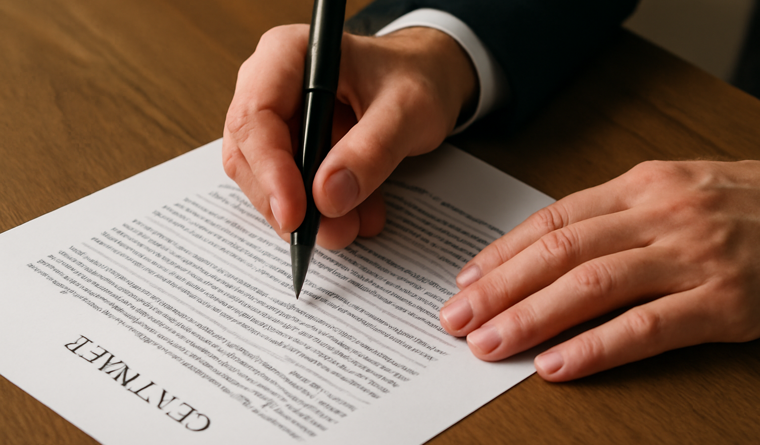 mains signant un document contractuel