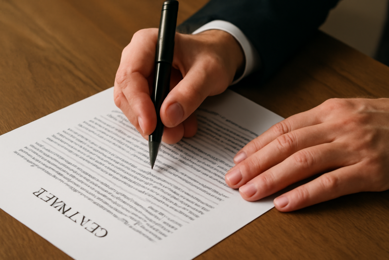mains signant un document contractuel