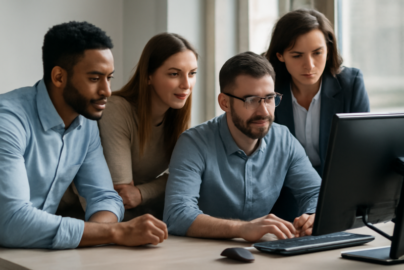 equipe echangant sur ecran d'ordinateur