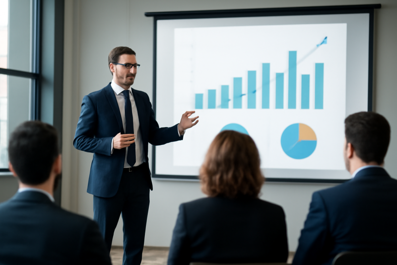 presentation financier devant investisseurs dans salle