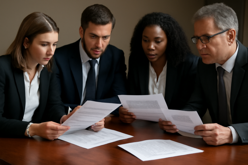 personnes consultant des documents juridiques autour d'une table