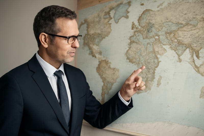 dirigeant consultant regardant carte du monde