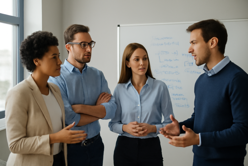 équipe discutant devant tableau blanc
