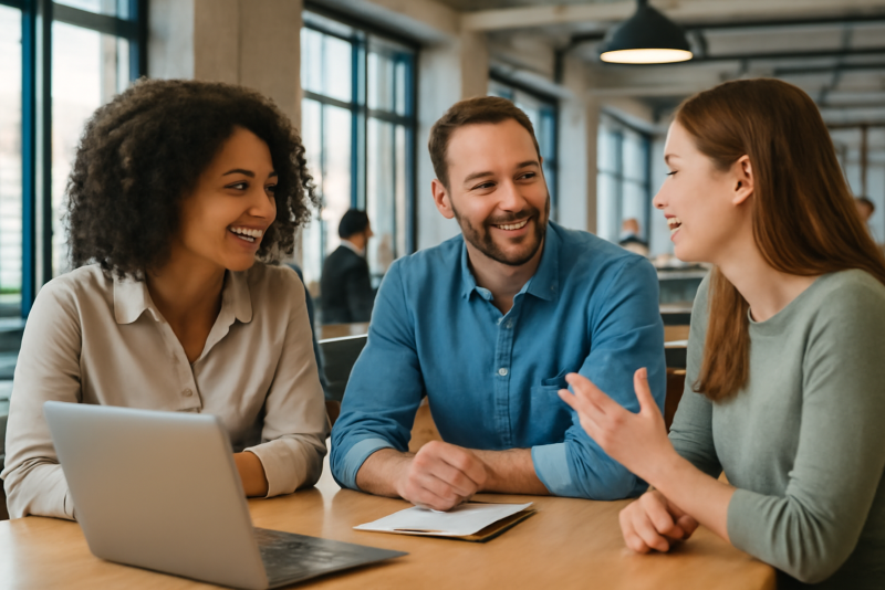 collègues échangeant dans espace de coworking