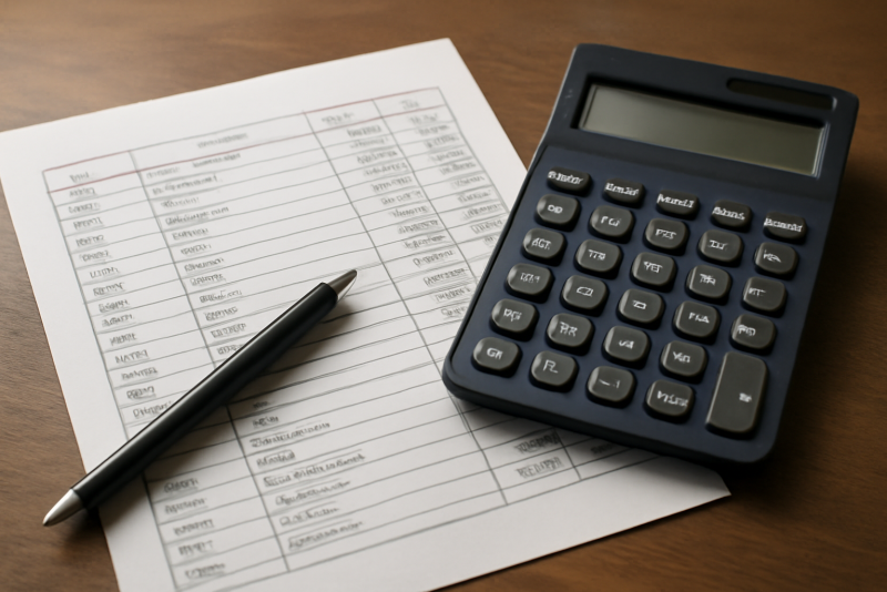 tableau de comptes et calculatrice sur bureau