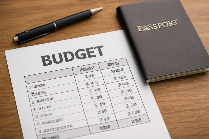 tableau budgétaire et passeport sur table