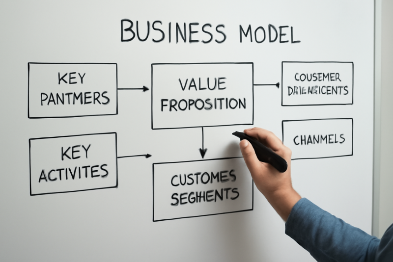 personne dessinant modele economique sur tableau blanc