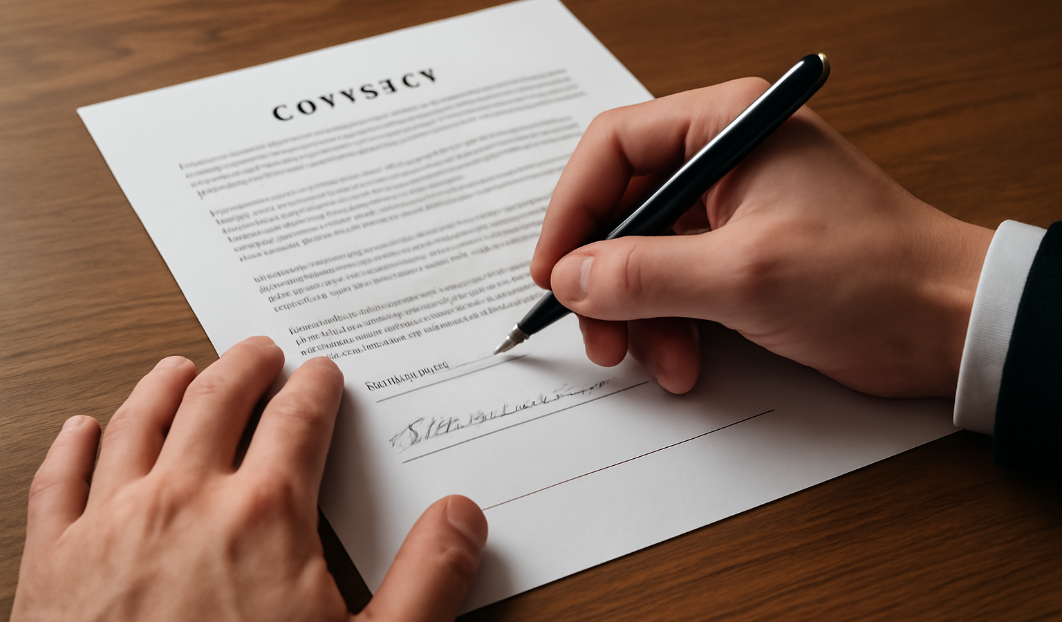 mains signant un contrat sur une table