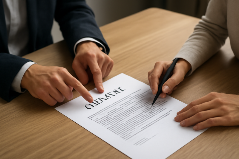 deux personnes examinant un contrat sur table