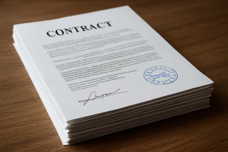 pile de contrats signés avec cachet entreprise
