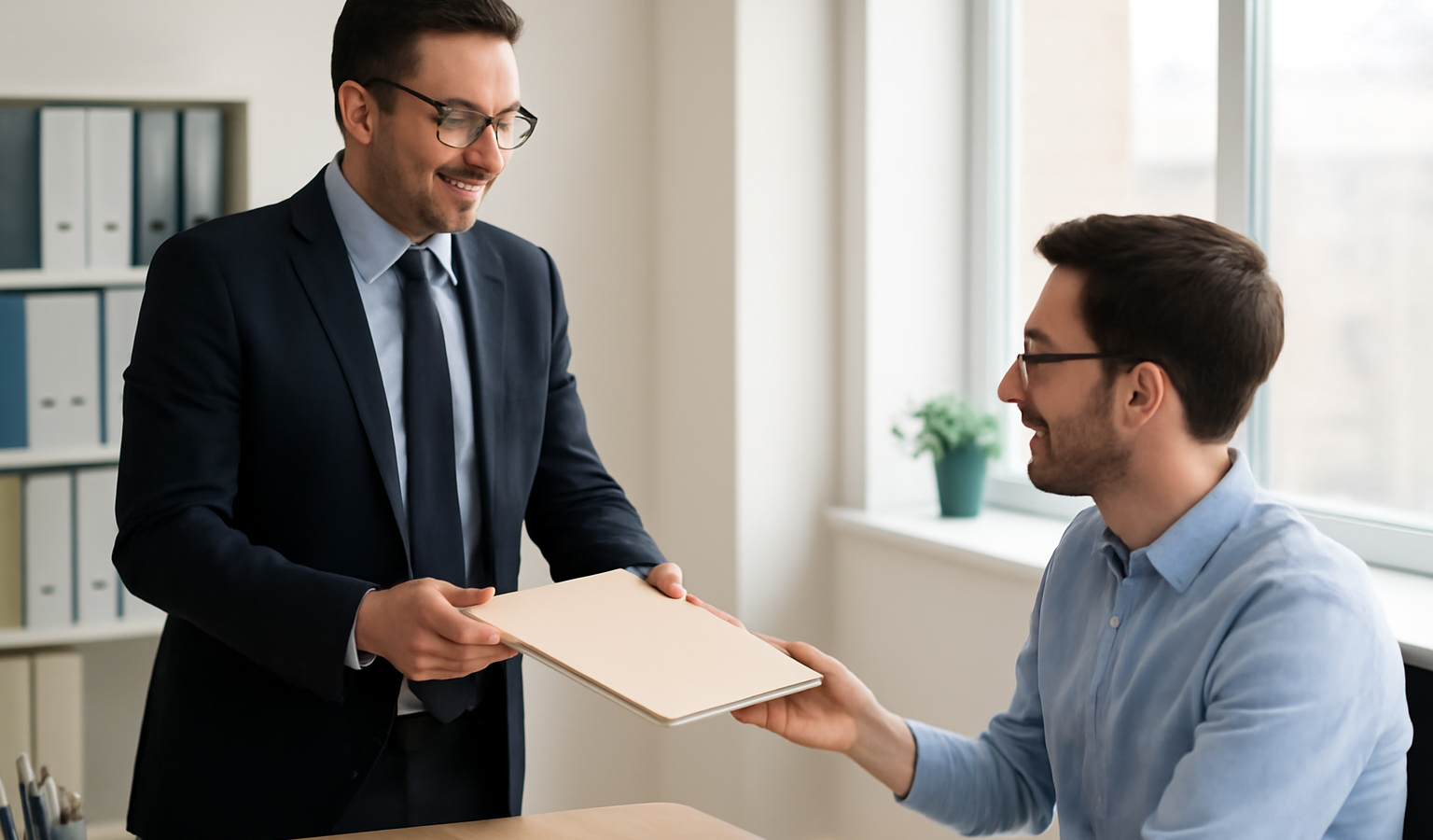 manager remettant dossiers a collaborateur dans bureau