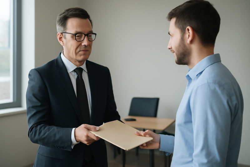 dirigeant remettant dossier à un collaborateur