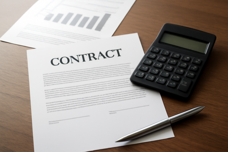 table avec contrats et calculatrice financière