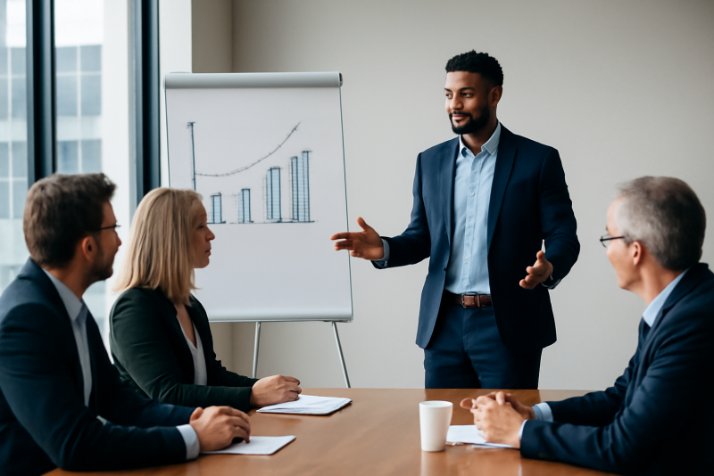 entrepreneur presentant pitch devant investisseurs