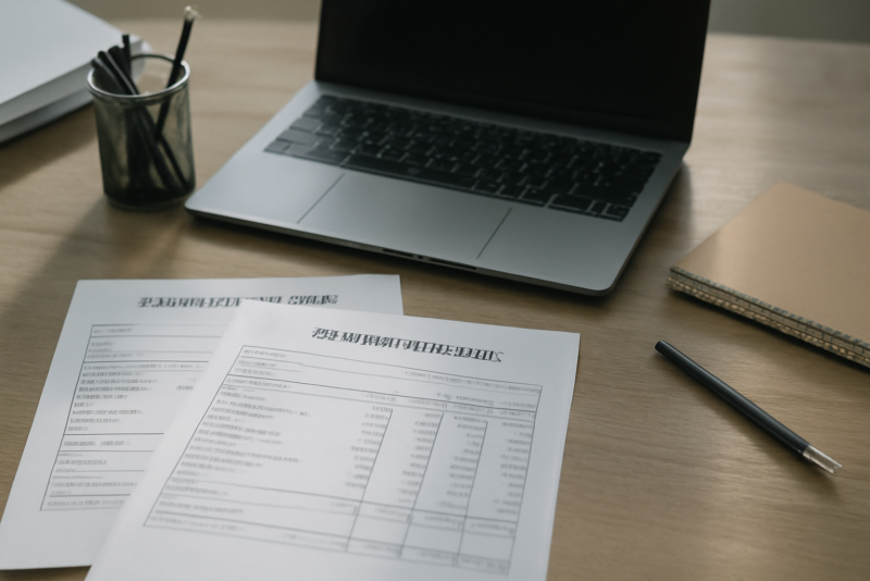 bureau avec bulletins de salaire et ordinateur