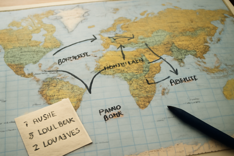 carte du monde annotée et notes stratégiques